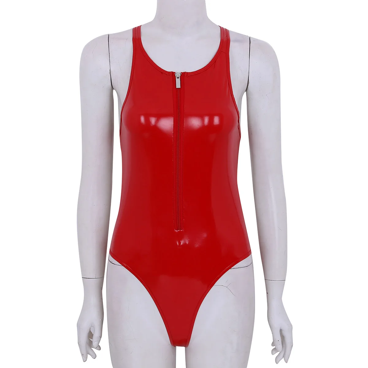 TiaoBug أزياء النساء لامعة فو جلدية أكمام الرسن انقطاع سستة الساخن مثير ارتداءها Catsuit النساء عالية قطع Clubwear تيدي