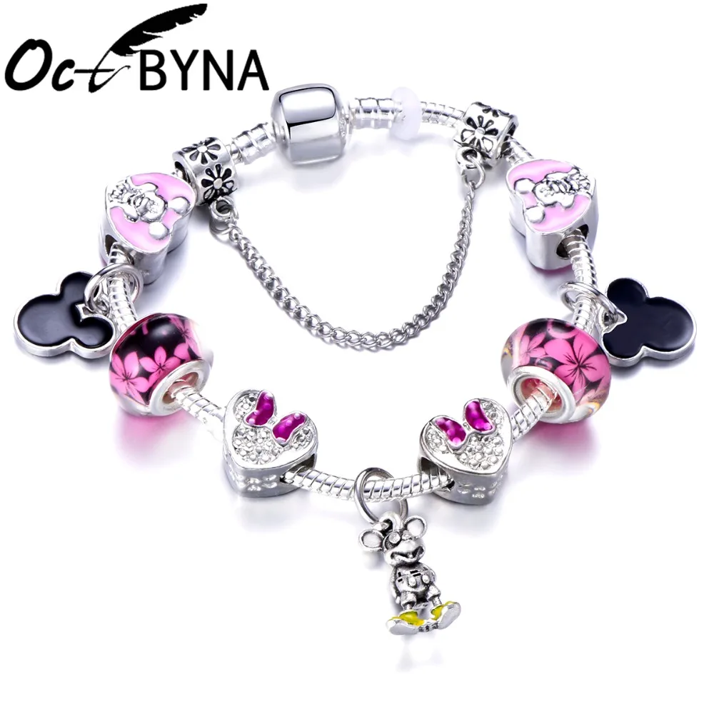 Octbyna 17 видов стилей бусины Микки, Минни браслеты с подвесками для женщин и девушек со змеиной цепью брендовые браслеты и браслеты ювелирные изделия