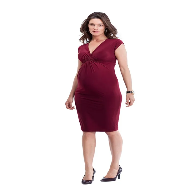 

Maternity Women Summer Sleeveless V-Neck Knee Length Dress Pregnant New Moms Fashion Western Style Elastic Slim Fit Dresses