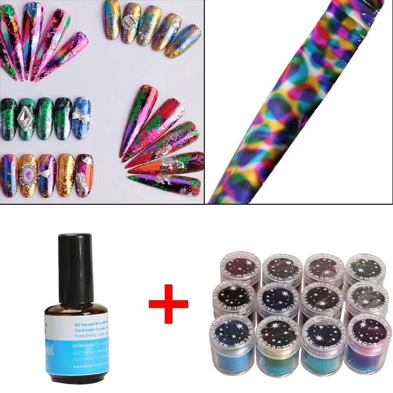 

12 Rolls Mix Color Nail Art Transfer Foils Set Dazzle Colour Sticker & UV Topcoat Top Coat Seal Glue