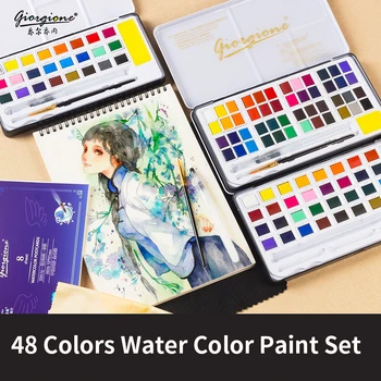 

48Colors Solid Watercolor Paint Set Metal Box Watercolor Painting Pigment For Drawing With Paint Brush Art Supplies