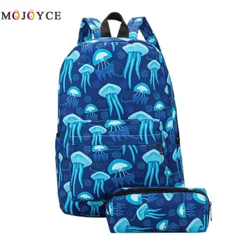 

2pcs/Set Women Backpack Cute Pineapple Jellyfish Cartoon Printed Teenager Canvas School Backpack With Pencil Case