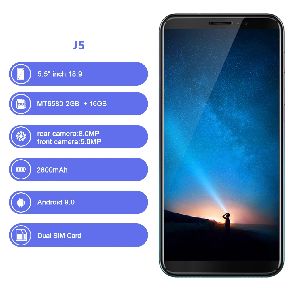 Смартфон Cubot J5 телефон с экраном 5 дюймов 18:9 на полный дисплей ОЗУ 2 Гб ПЗУ 16 Android 9.0