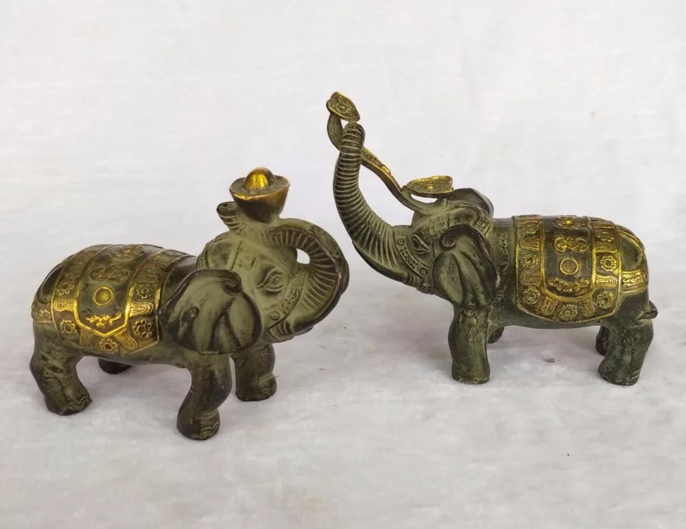 

Long 16 CM /5.2 Inch Collection 1 Pai Chinese Old Handmade Gilt Bronze Wealth wishful Elephant Sculpture home decoration statue