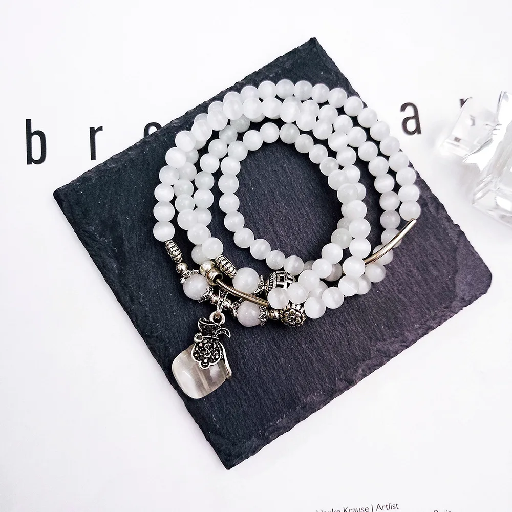 Bohemian Natural Stone Crystal Charm Silver Bracelets & Bangles for Women Beads Handmade Charm Bracelet Sets Boho Jewelry B38