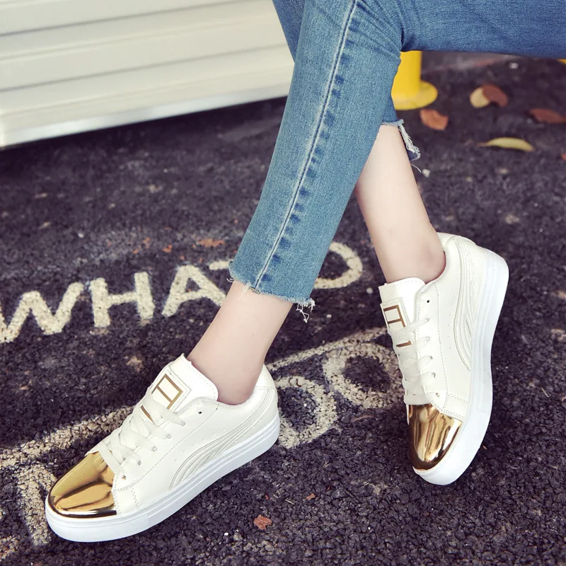 

Shiny Gold Patent Leather Shoes Women Platforma Casual 2017 White Thick Bottom Flat Lace Fashion Pu Shoes Woman Tenis Feminino