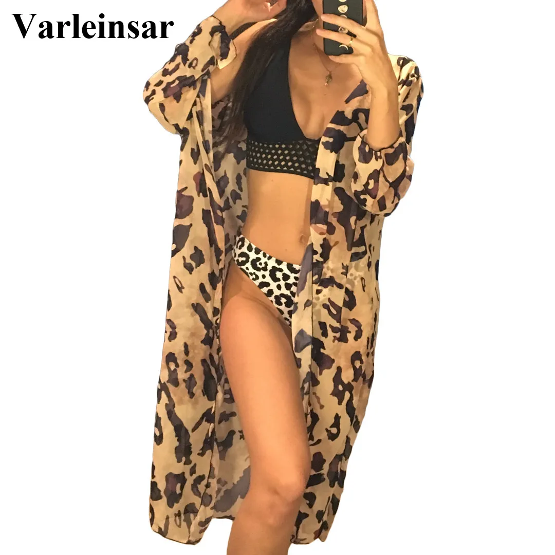 Сексуальная Пляжная шифоновая накидка с леопардовым принтом, пляжная одежда, летняя пляжная одежда для женщин V1071