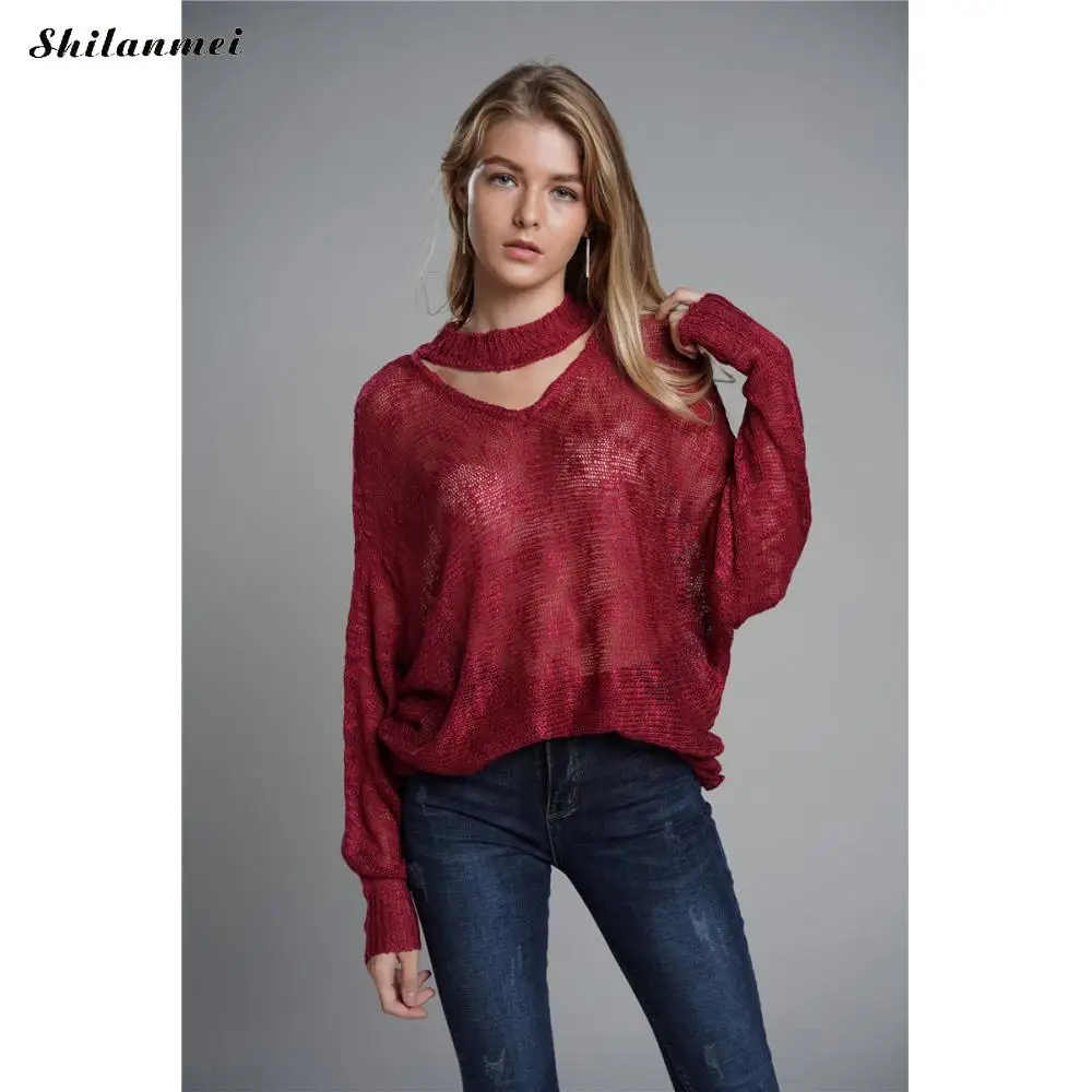 

V Neck Long Sleeve Solid Color Knitwear Pullovers Autumn Sexy Women Knitted Sweater Hollow Loose European Style Robe Blouse