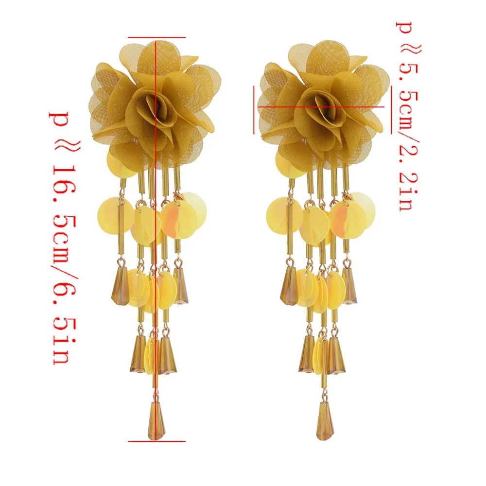 Elegant 6 Colors New Fashion Trendy Drop Earrings Fabric Lace Flower Shaped Charms Fringed Glass Sequins Long Tassel Earrings