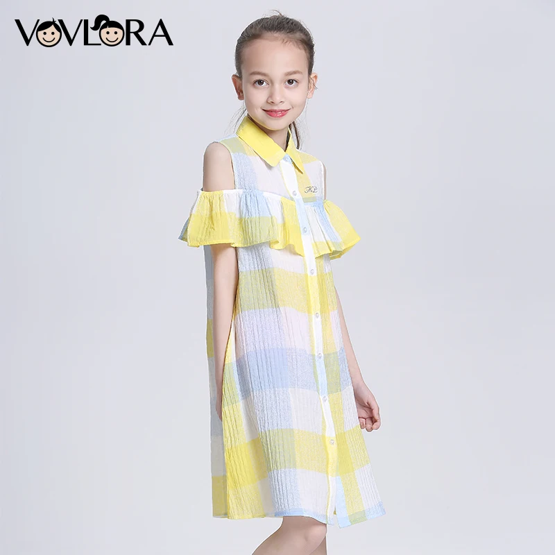 

Ruffles Shoulder Sleeveless Girls Summer Dress Plaid Button Cotton Kids Dress Teenagers Clothes 2018 Size 9 10 11 12 13 14 Years