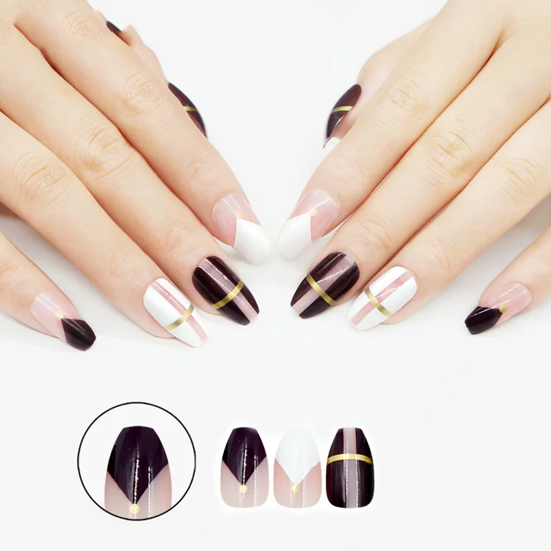 

24pcs/Set Golden Cross Artificial Coffin Nails Ladies Nail Art Decoration Full Cover False Nail Tips with Glue Long Fake Nails