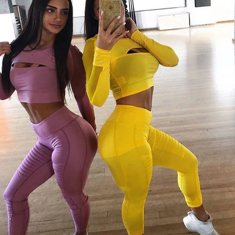 

Fashion Women Yoga Casual Sport Set Mesh Stitching Pants Yoga Clothing Suit Mujer Fitness Running 2 PC Hollow Out Workout Wear