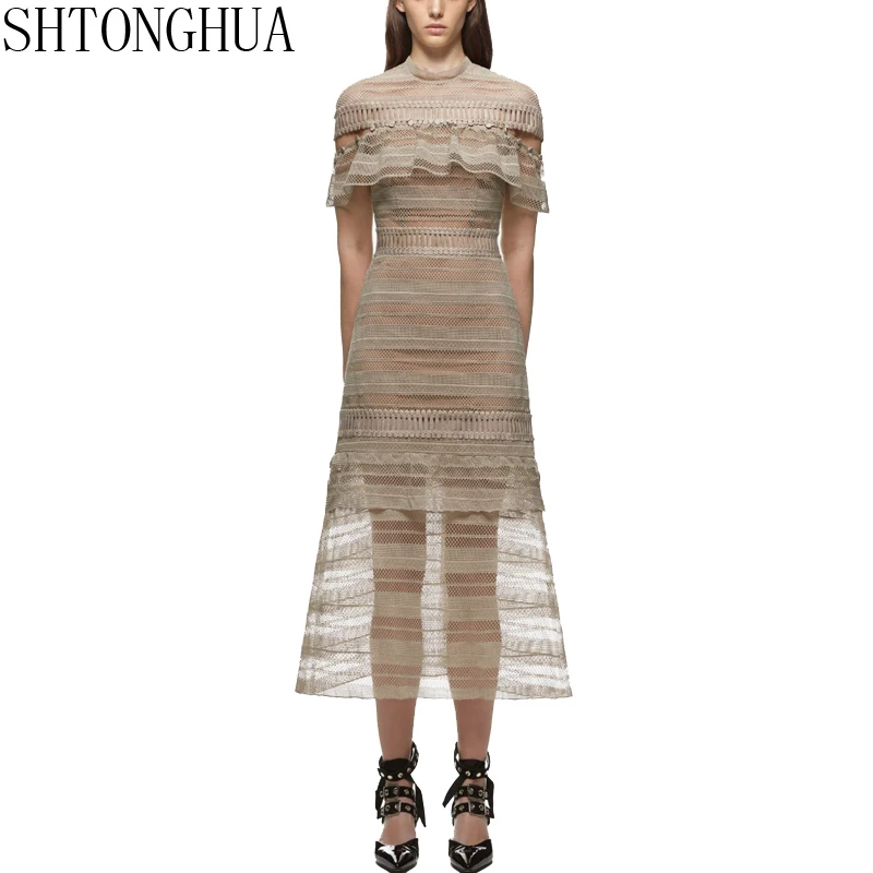 

SHTONGHUA Runway Self Portrait Long Dress 2019 Designer Women Lace Hollow Out Ruffles Short sleeve Vintage Slim Party Midi Dress