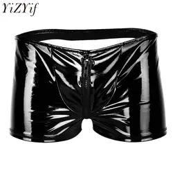 YiZYiF черные мужские трусы-боксеры из блестящей лакированной кожи с металлическим открытым прикладом на молнии