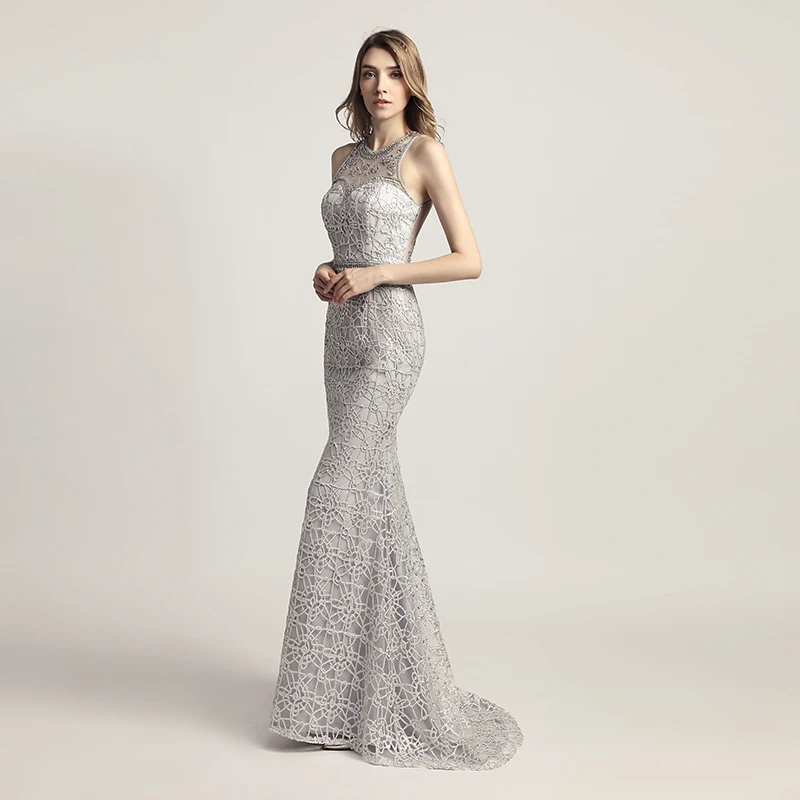 New Arrival Silver Beading Mermaid Evening Dresses 2019 Long Fashion Plus Size Prom Dress Illusion Back Party Gowns OL436