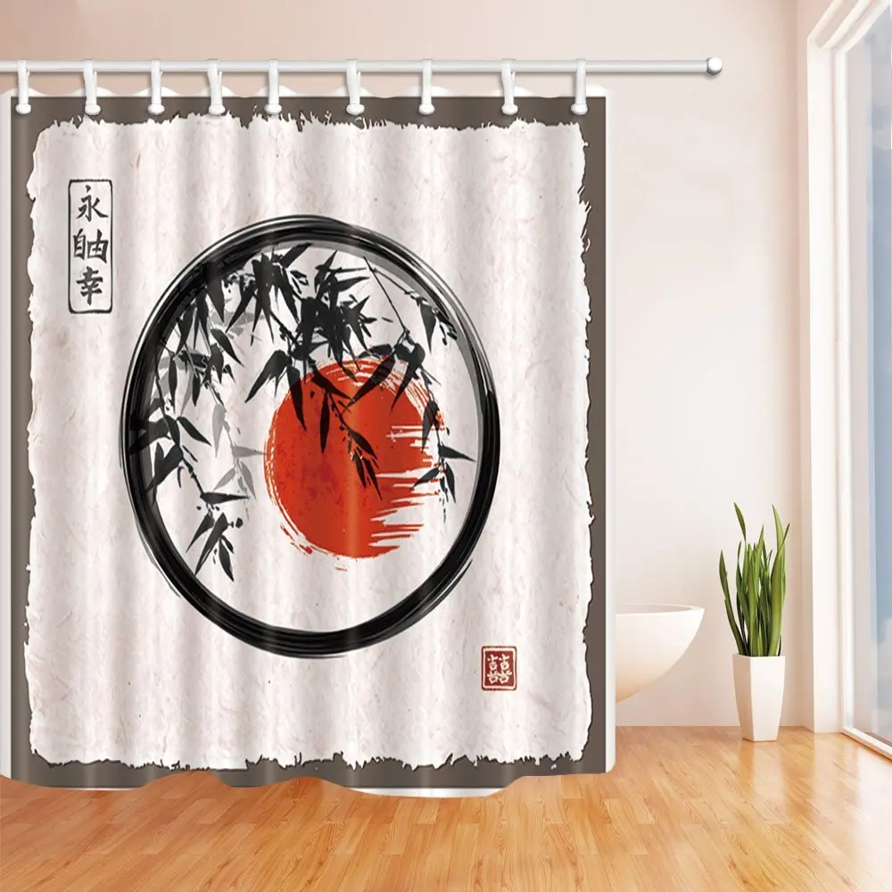 Japanese Painting Bath Curtain Bamboo Trees and Sun in Enso Zen Circle by Ink Polyester Fabric