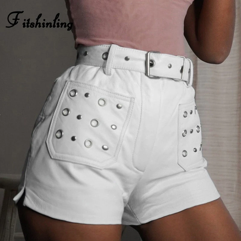 

Fitshinling Pockets metal ring shorts for women streetwear summer slim high waist bottoms fashion white short femme with sashes