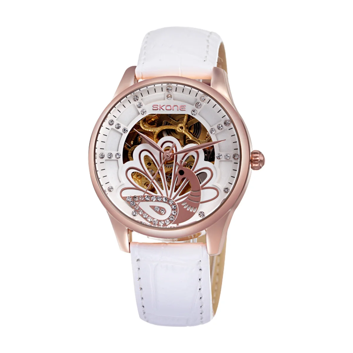 SKONE Brand Womens Automatic SelfWind Mechanical Watch White Leather ...