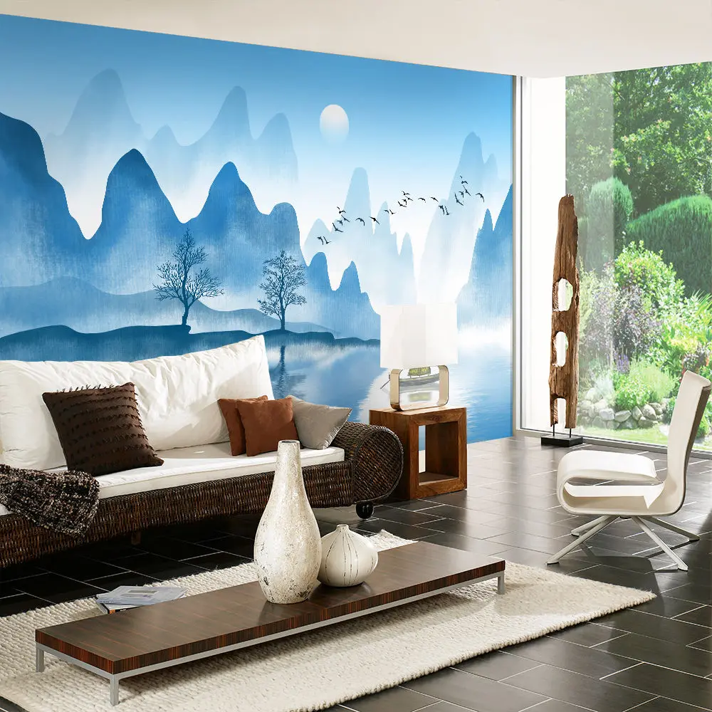 Custom wallpaper murals simple modern blue ink landscape bedroom wall - high-grade waterproof material Custom wallpaper murals simple modern blue ink landscape bedroom wall - high-grade waterproof material