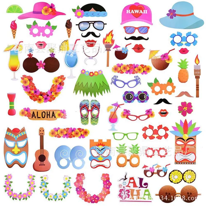 

32pcs/lot Luau Photo Booth Props Hawaii Paper Seaside Hat Hula Skirt Photobooth Props Summer Beach Pool Luau Party Decor DIY Kit
