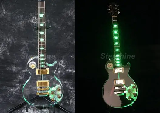 

Starshine LED Light Electric Guitar DK-DLP4 Crystal Guitar Green LED Grover Tuner Gold Hardware
