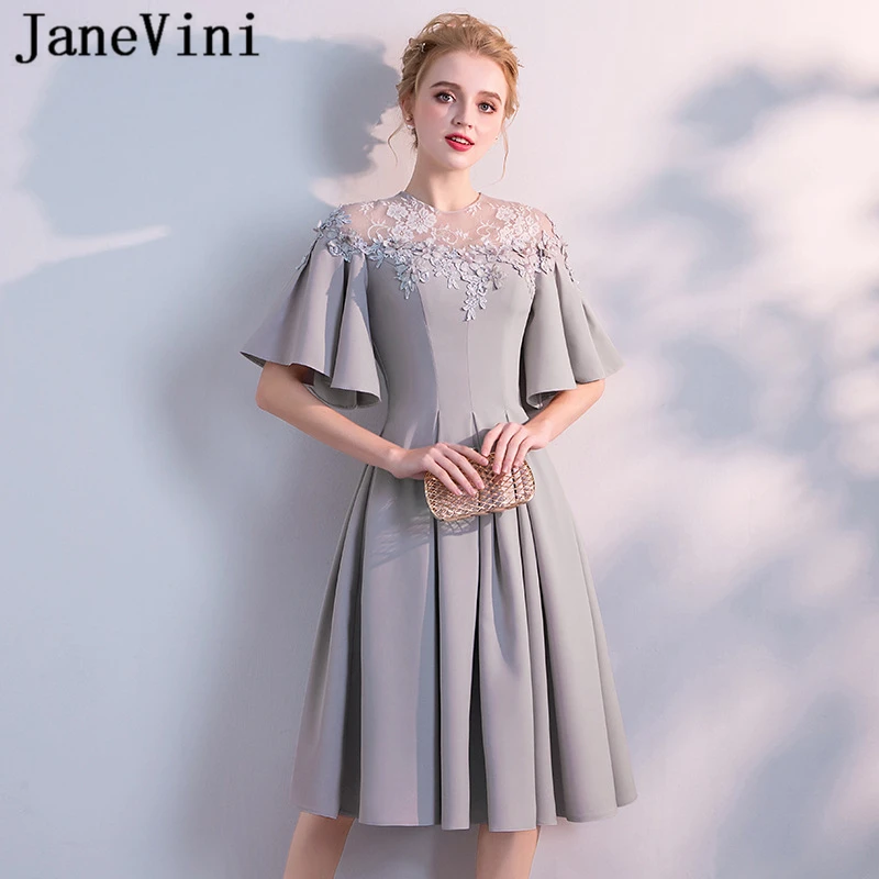 JaneVini Elegante Kurze Grau Prom Kleid Puffy Kurzen Ärmeln EINE Linie Spitze Appliques Perlen Illusion Zurück Satin Formale Party Kleider