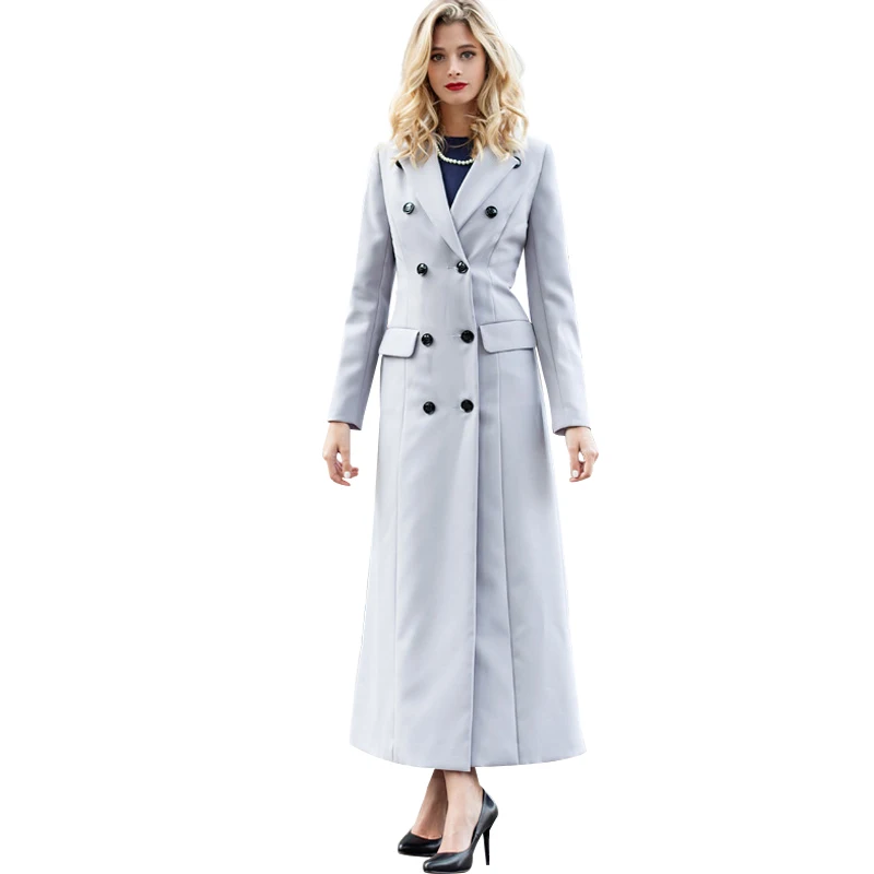 

OL British Style Spring Double-breasted Long Coat Women Buttons Turndown Collar Full Length Overcoat 5783A