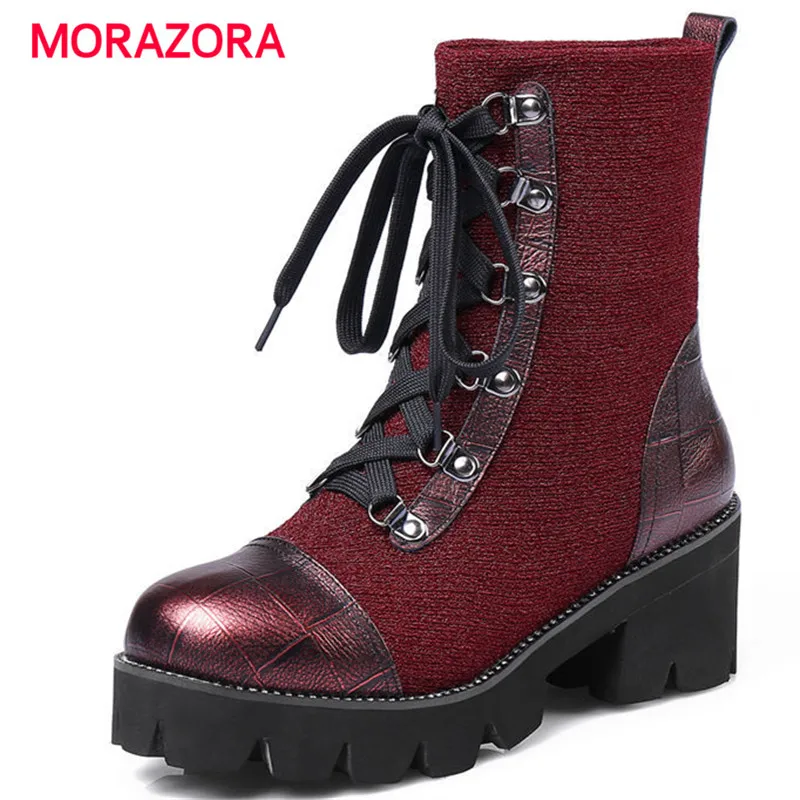 

MORAZORA 2018 new autumn winter round toe square heel ankle boots simple lace up high heel women boots fashion platform boots