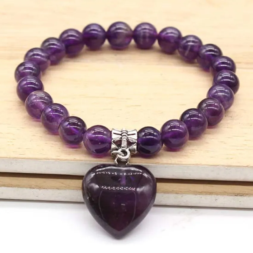 

Kraft-beads Silver Plated Romantic Heart Connect Natural Amethysts Round Beads Bracelet For Anniversary Jewelry