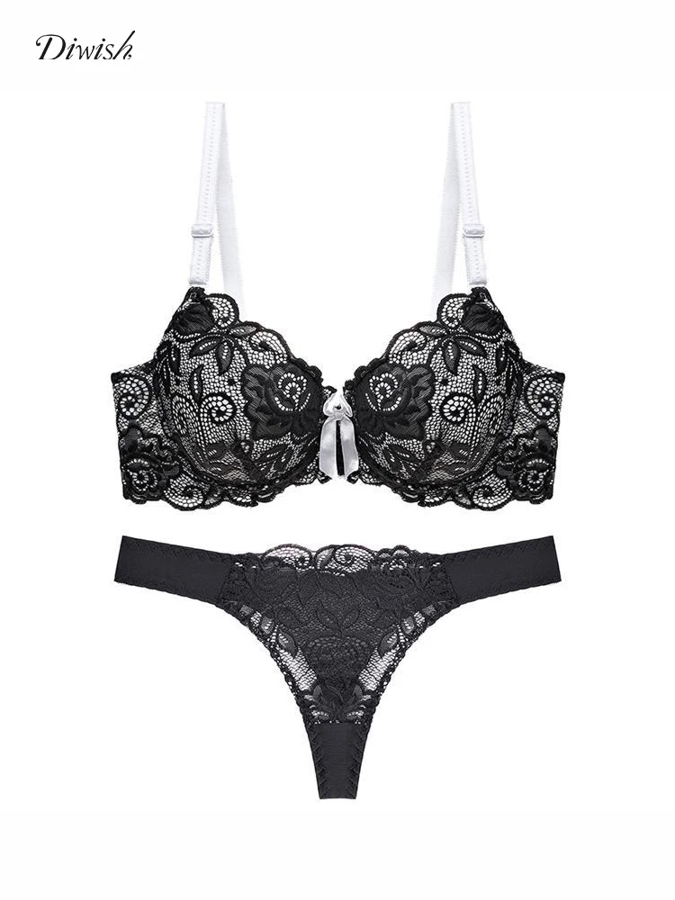 

Diwish Sexy Bra Set Women Lace Lingerie Push Up with Brief Embroidery Bralette Women 5 Colors Bowknot Underwear Set Cup BC