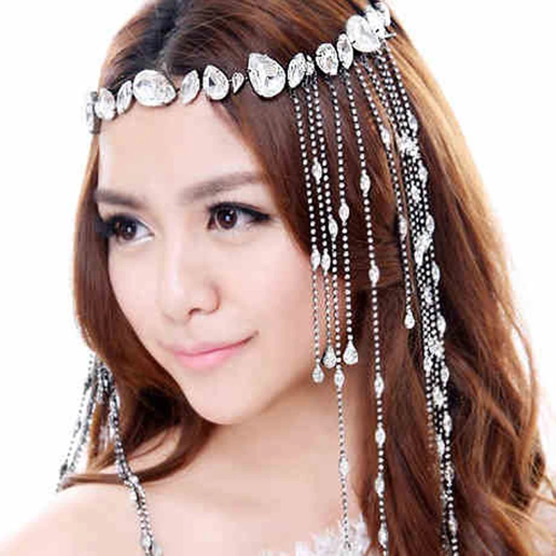 Luxury Wedding Hair Piece Veil Tiara Tassels Drop Clear Rhinestone