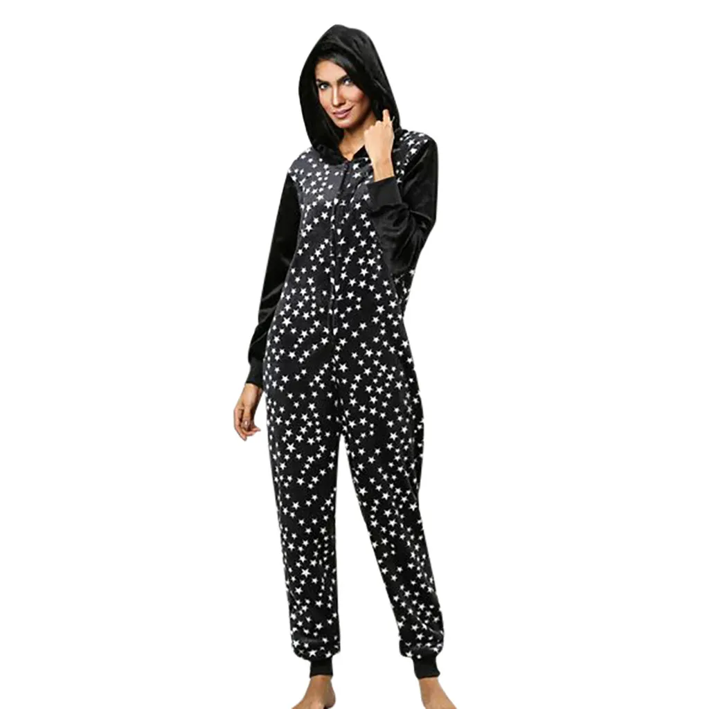 

Womens Fashion Printing Hooded Flannel Long Sleeve Onesies Tracksuit plus size women sleepwear sexy pigiama donna pajamas woman