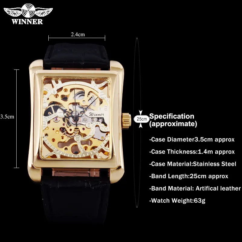 Goede 2016 Winnaar Merk Horloges Mannen Rechthoek Mechanische Hand Wind Horloges Man Golden Skeleton Dial Kunstleer Horloges