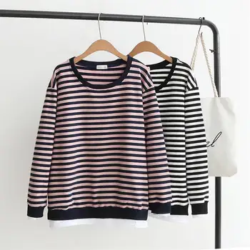 

Plus size Two false pieces cotton hoodies women casual pink & white striped sweatshirt 2018 spring autumn O-Neck ladies pullover