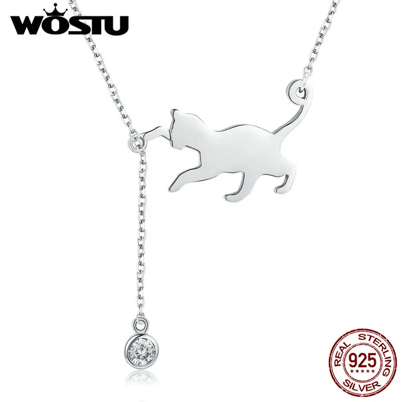 WOSTU 925 пробы Серебряная подушка для декора "игривые кошки" Pet цепи Подвеска колье для женщин роскошный бренд ювелирные изделия дропшиппинг подарок FIN232