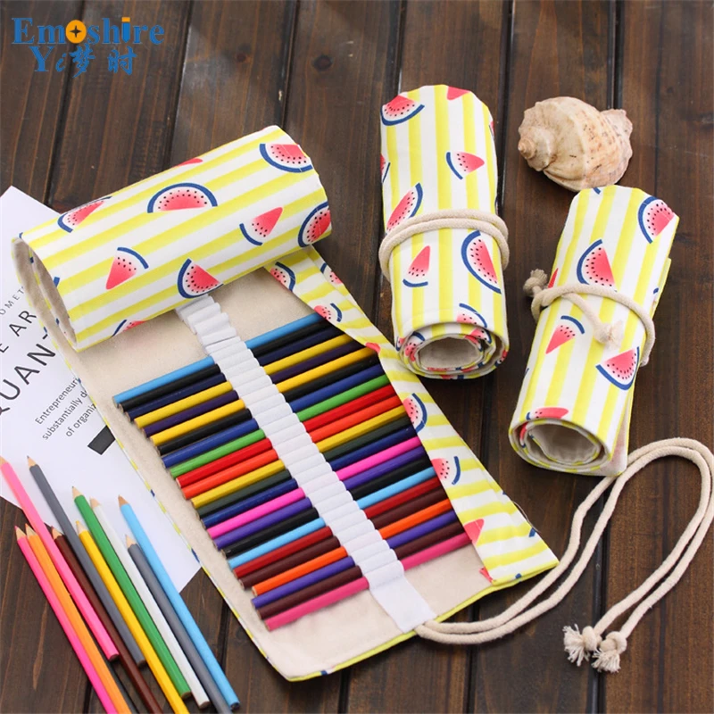 Emoshire Korean version of the fruit watermelon pen curtain roll pencil bag 364872 hole large capacity student canvas painting art pencil bag (3)