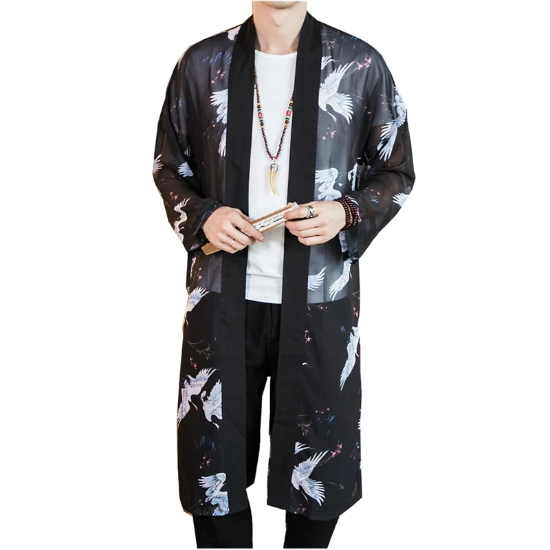  Black Mens Long Jackets 2019 Summer China Retro Style Men Chiffon Gown Loose and Comfortable Sun Co