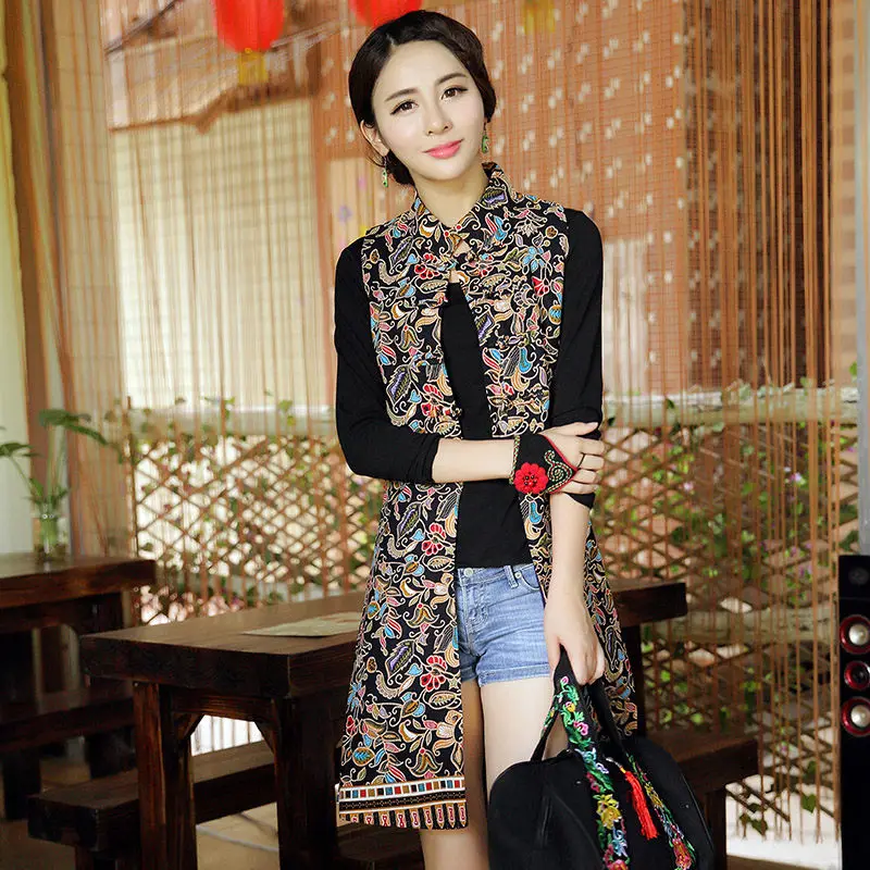 Woman Vest New Arrival Chinese Style Women Sleeveless Jacket Vintage Print Long Slim Ethnic Waistcoat Cotton Linen Tops f1073