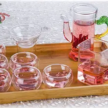 1х 10в1 китайский чайный набор кунг-фу-200 мл стеклянный чайник с ручкой дракона+ ситечко+ кувшин+ 6 чашек с двойной стенкой в форме сердца+ бамбуковый поднос