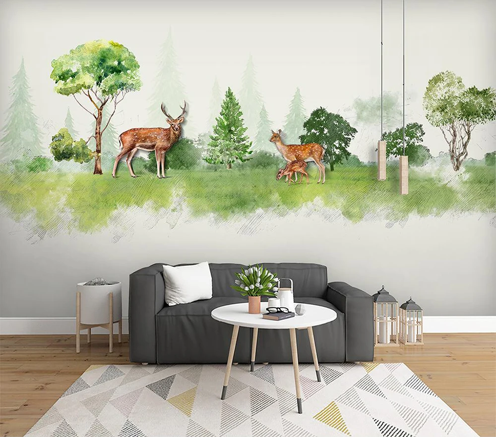 Декоративные обои ручной росписью Милу олень лес детская комната фоновая стена