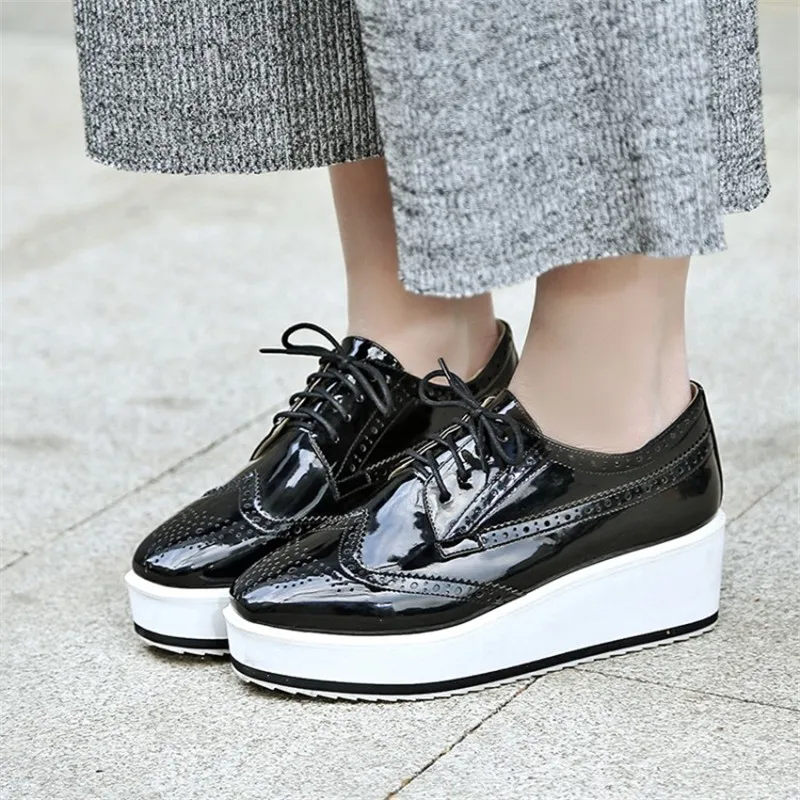 Plus Size 32-48 Women Pumps Oxfords Fashion Patent Leather Wedges Women Shoes Black Silver Lace Up Ladies Brogue Shoes High Heel (20)