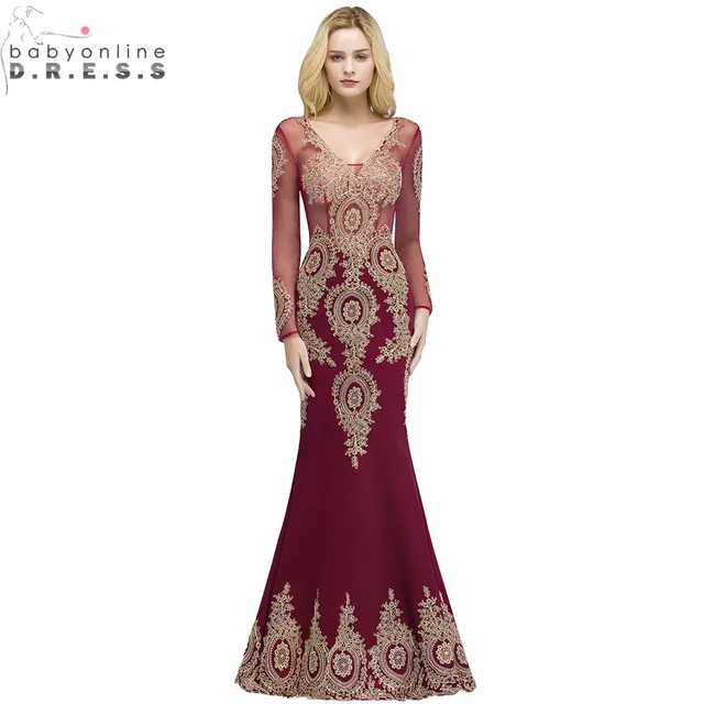 Babyonlinedress Long Sleeve Mermaid Lace Burgundy Evening Dress 2018 Sexy V Back Evening Gowns Robe de Soiree Longue