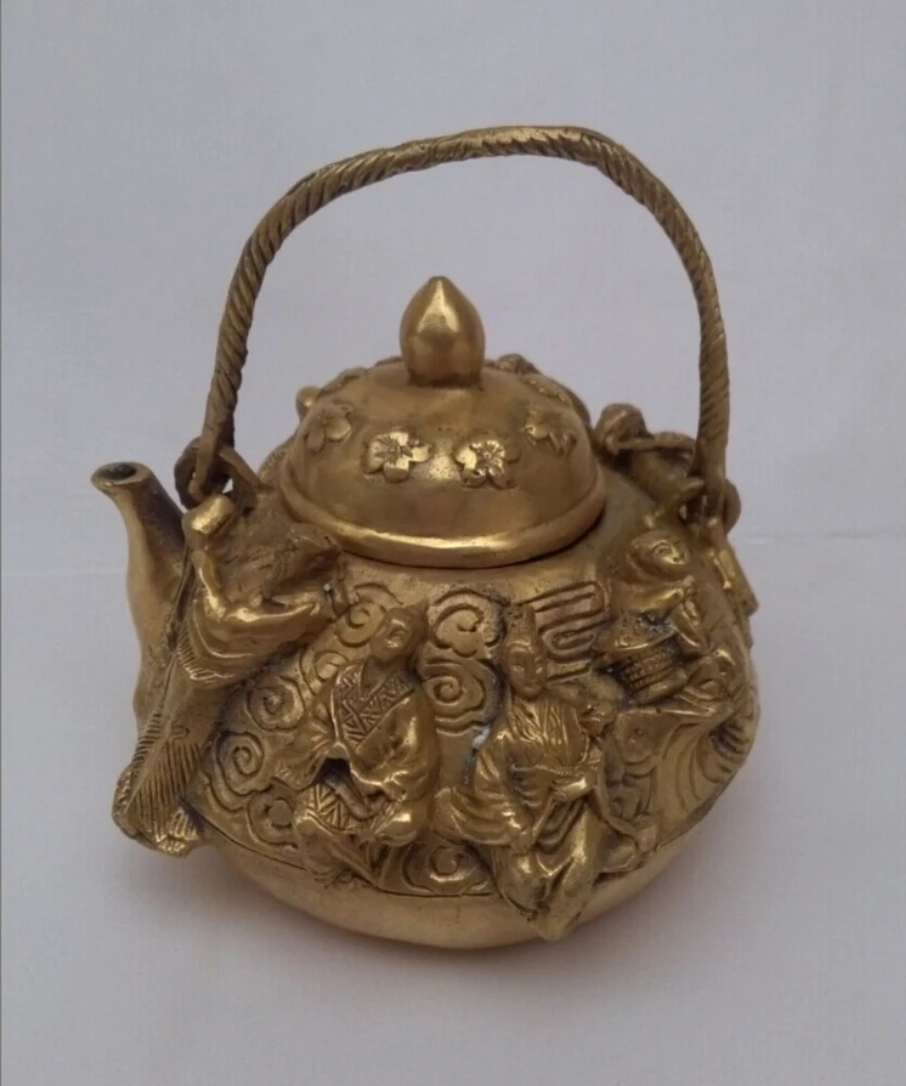 

Metal Crafts Antique antiques Chinese Brass Carved 8 God Tea Pot