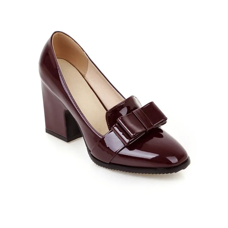 2018 Europe and America All-match Bow Thick Heels Women's Shoes High Heels Patent Leather Black Work Shoes Plus Big Size 42 43
