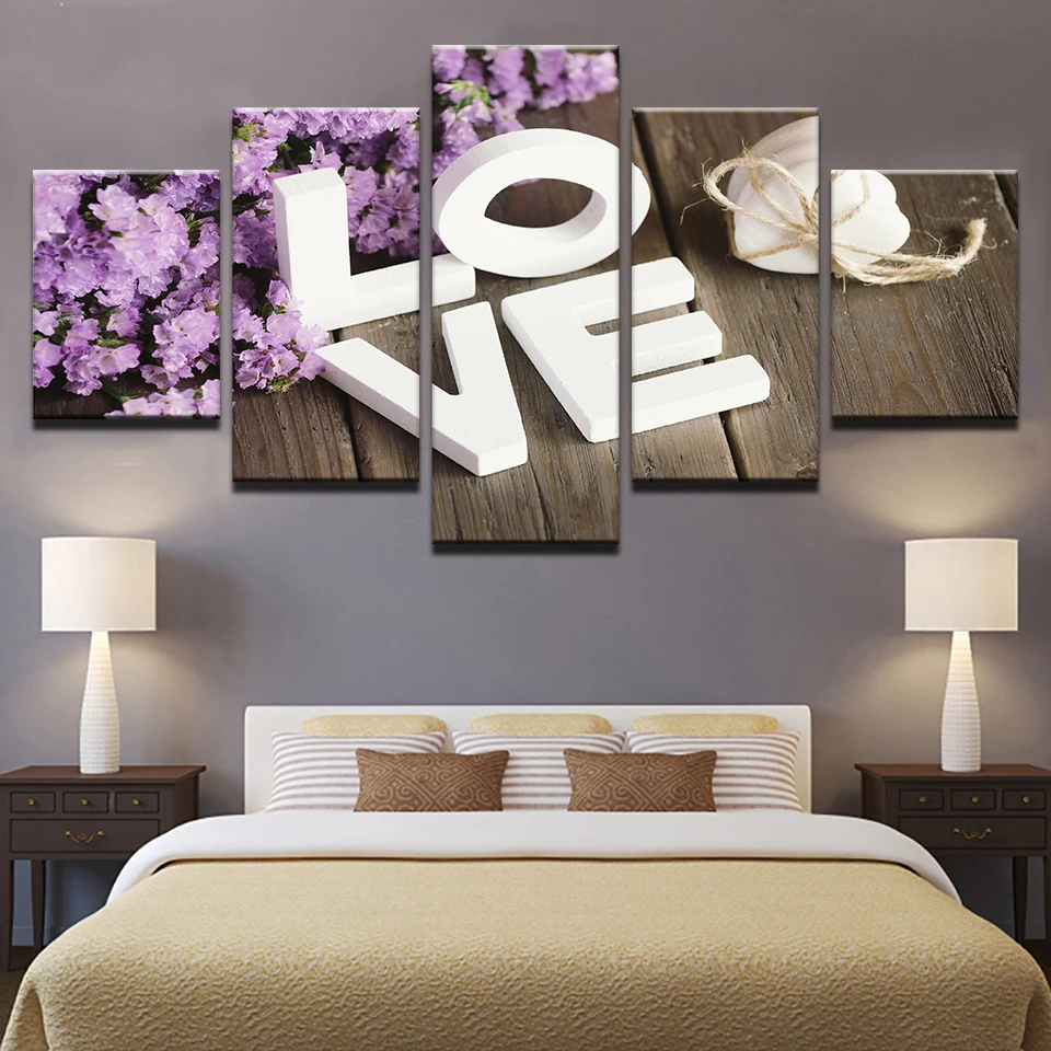 Modular Pictures Living Room Wall Art 5 Piece Purple Hyacinth Flower Paintings Home Decor Canvas HD Prints LOVE Poster Framework