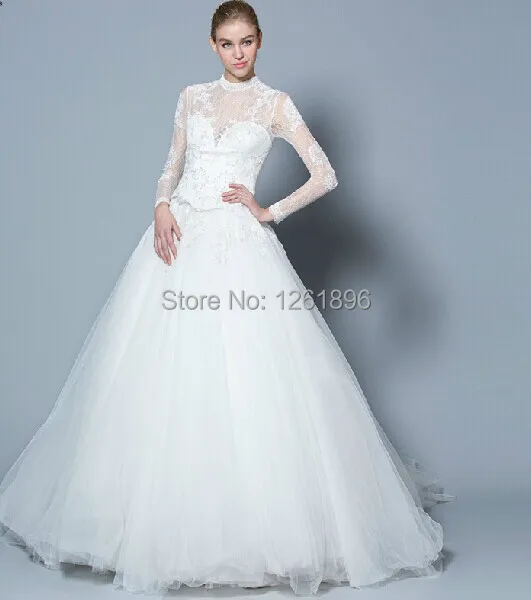 White Ivory Lace Applique Turtle Neck Long Sleeve Wedding Dress