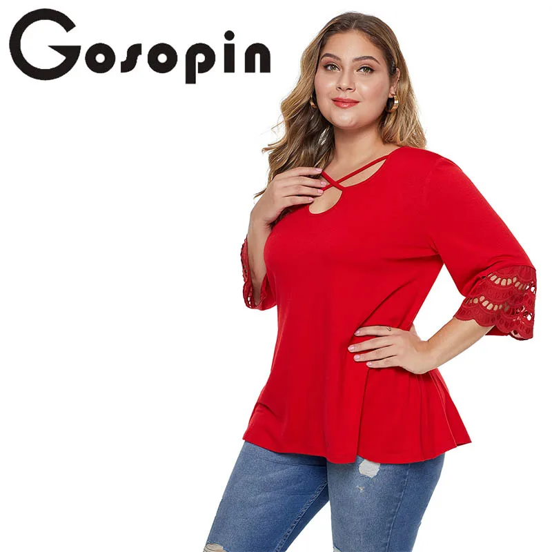 Gosopin плюс Размеры футболка женская летняя Осень Кружева V шеи модные пикантные