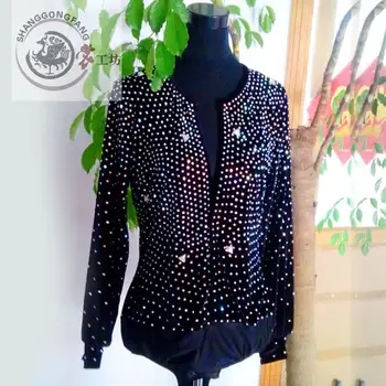 

New style men's Latin dance costumes seior spandex stones men's latin dance body shirt for men's latin dance shirts A11