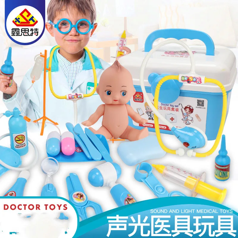 Звук и светильник, игрушки доктора с одеждой, игрушка "Медсестра", набор с коробкой, медицинский набор, Обучающие ролевые игры для детей, Классические игрушки - Цвет: 22 pcs blue