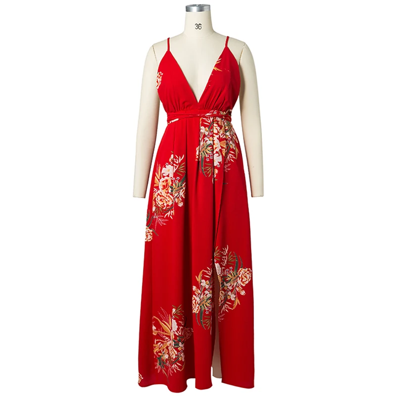 Bohemian Floral Print Boho Maxi Dress Women Chiffon Beach Summer Dress Deep V-Neck Split Backless Sexy Long Dress (25)
